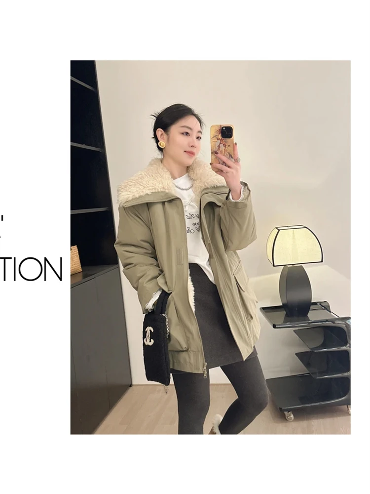 

Thiened Military een Cotton Jaet Women's Faion Spring Outerwear with Fur Collar A-Line Sle Commute Korean Version