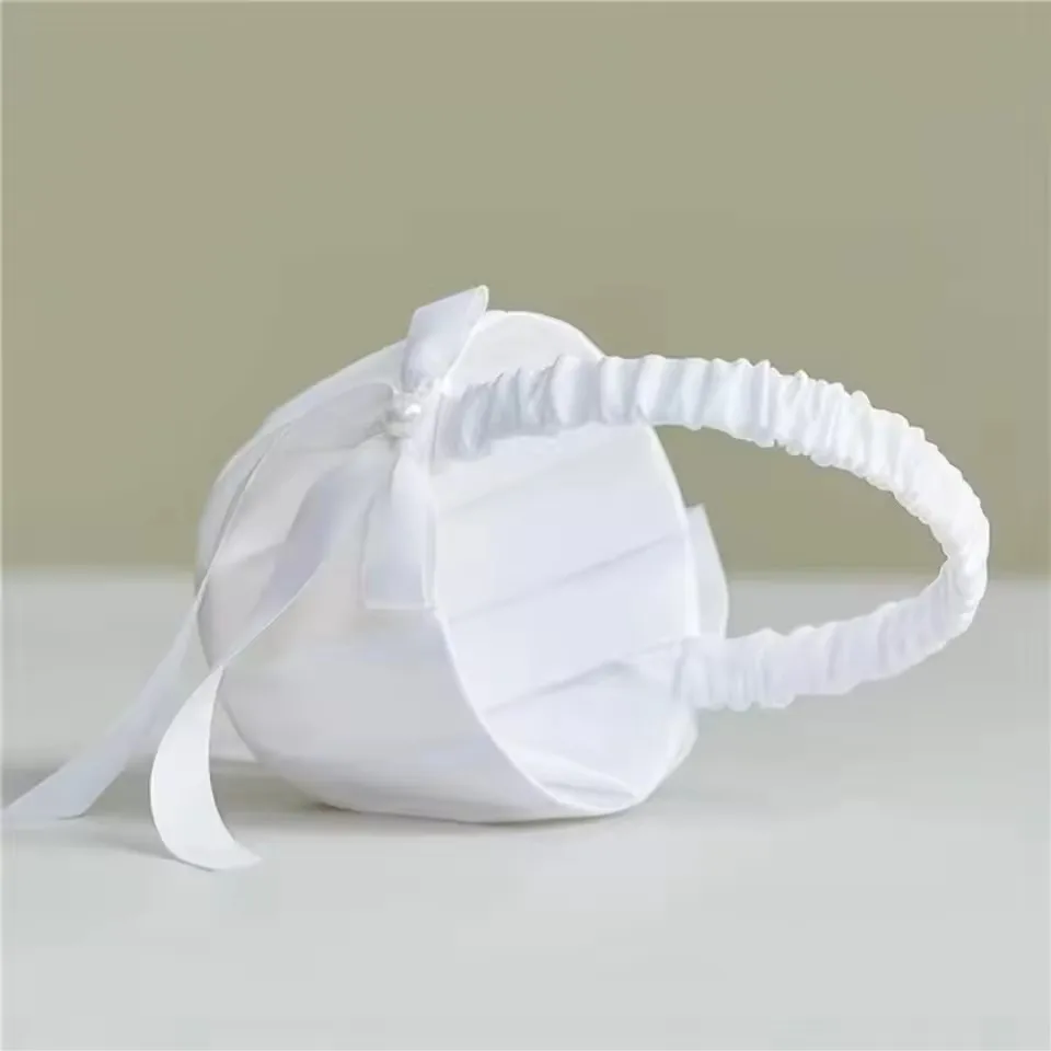 Wedding White Satin Bow Flower basket Flower Carrying basket with pearl handle suitable for bridesmaids and flower girls image 5