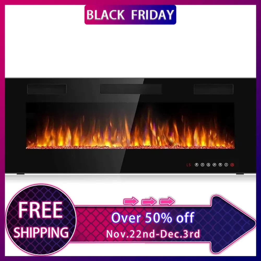 50 inch Ultra-Thin Silence Linear Electric Fireplace, Recessed Wall Mounted Fireplace, 12 Adjustable Flame Color & Speed