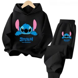 2024 Disney Stitch Cartoon Children Hoodie + Pants 2pcs Set Spring Autumn Fashion Clothing Boys Girls Sweatshirt Kid Sportsuit