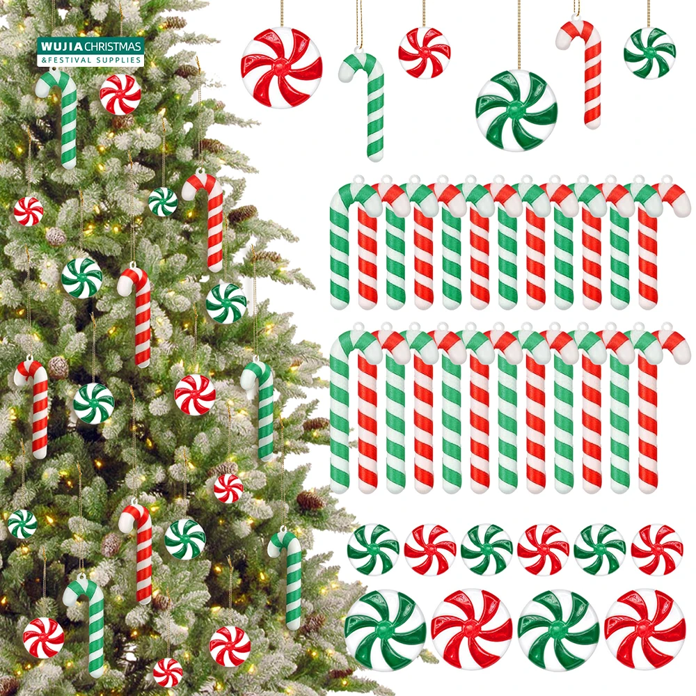 

40PCS Candy Cane Christmas Ornaments Xmas Tree Hanging Red Green Candy Themed Plastic Cane for Holiday Party Home Decor Supplies