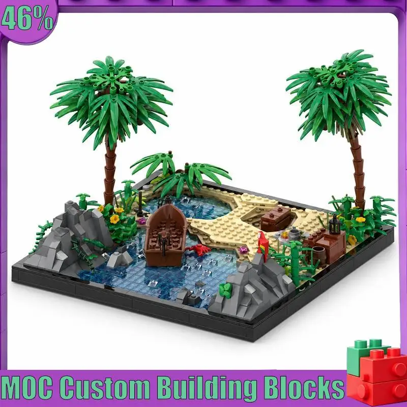 3125PCS Tropical Treasure Pirate Island Diorama With Palm Tree And Cove Scene MOC Blocks DIY Assembly Model Gift For Collectors