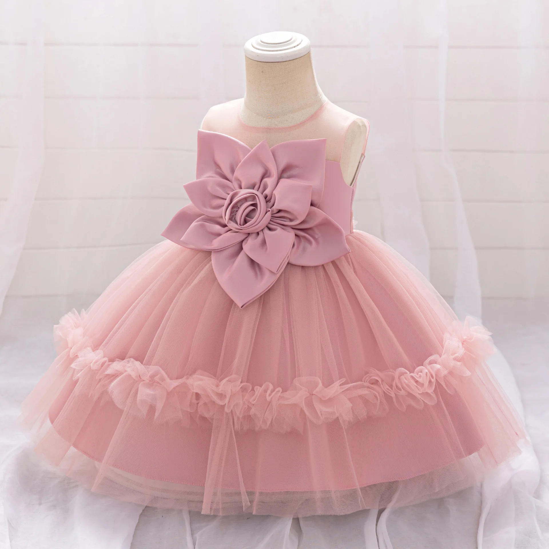 ชุดเดรสสําหรับเด็กทารกดอกไม้สีชมพู Tutu Princes ชุดเด็กดอกไม้งานแต่งงานชุดเด็กวัยหัดเดินวันเกิด Baptism ชุดราตรี