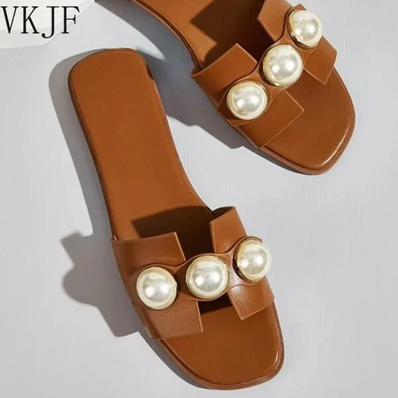 

Slippers Women 2023 New Flat Slippers Party Shoes Fashion Pearl Sandals Slippers Roman Women Flip-Flops Casual Beach Shoes Trend