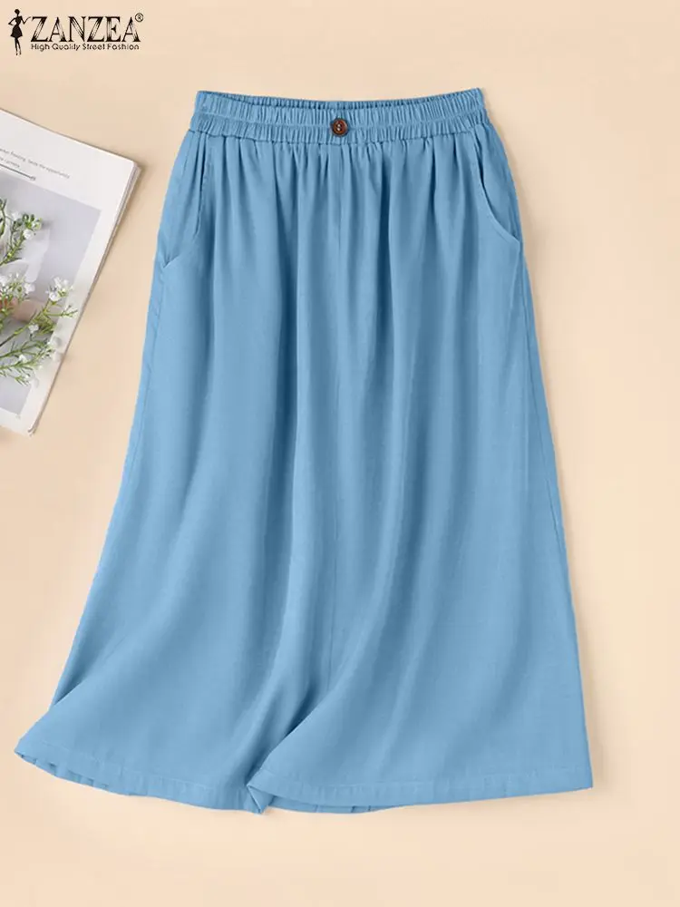 

ZANZEA Women Swing Long Jupe 2024 Korean Pocket Solid Color Skirt Fashion Pleating Faldas Holiday Elastic Waist A-line Skirts