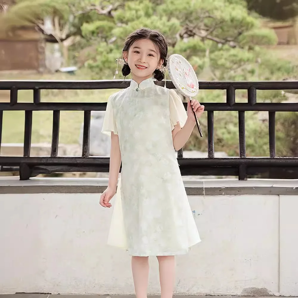 Yourqipao Summer Children Girls Improved Cheongsam Chinese Style Retro Fashion Daily Qipao Performance Photo Dress for Women