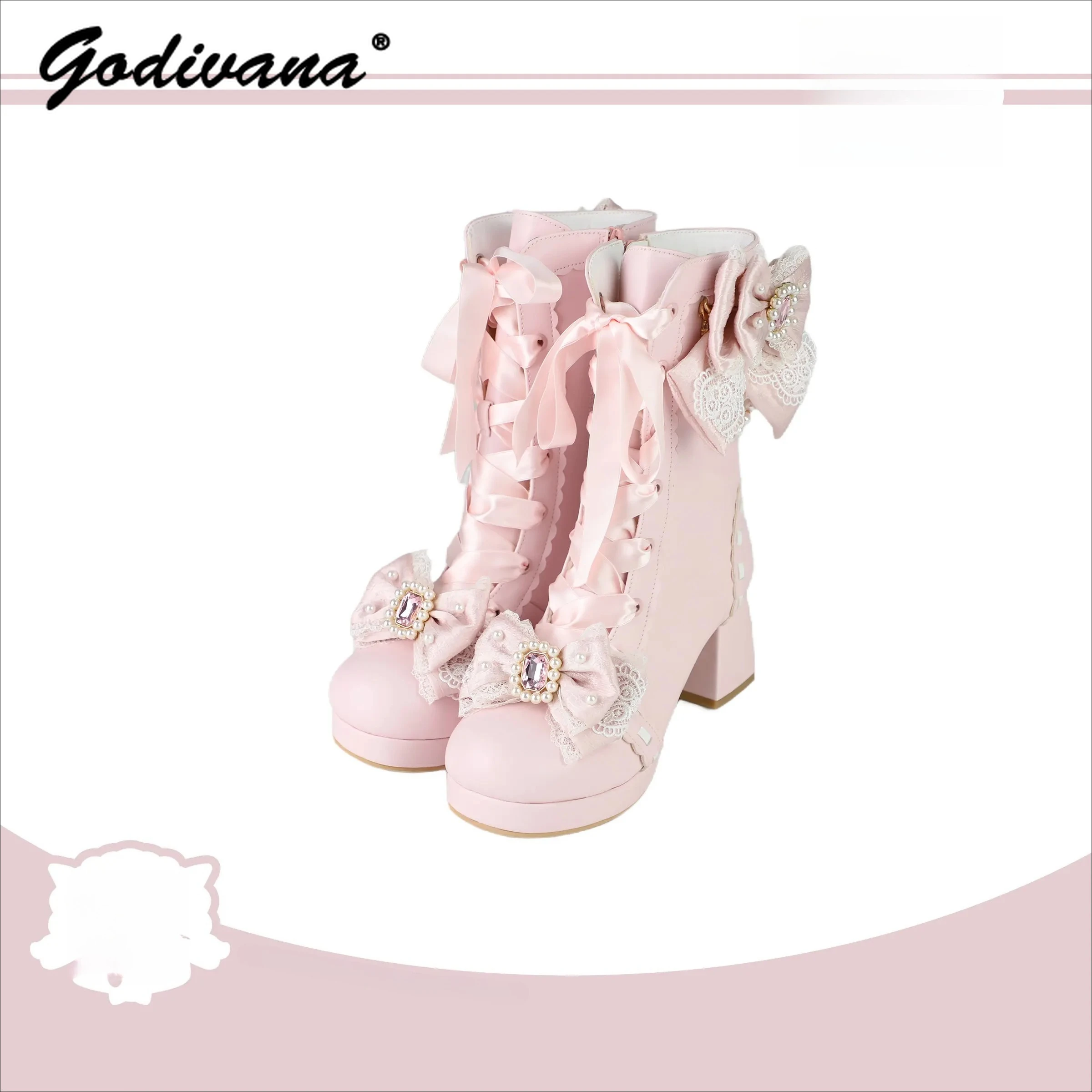 

Новые осенне-зимние женские и девичьи ботинки в стиле Лолита до середины икры, милые, с жемчужной цепочкой, кружевом и бантом, на высоком каблуке, в стиле принцессы, короткие сапоги