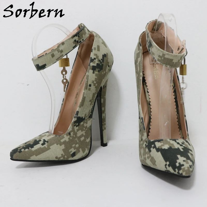 Sorbern Camouflage Pump Shoes Pointed Toes Lockable Padlock Ankle Strap Fetish 18Cm Stiletto High Heel Pump Mistress Shoe Custom