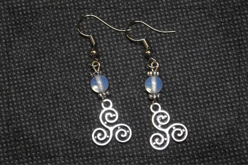 MOONSTONE TRISKELION EARRINGS, Pagan Wicca Clip On Or Pierced Earrings, Pagan Wicca Dangle Drop Earrings