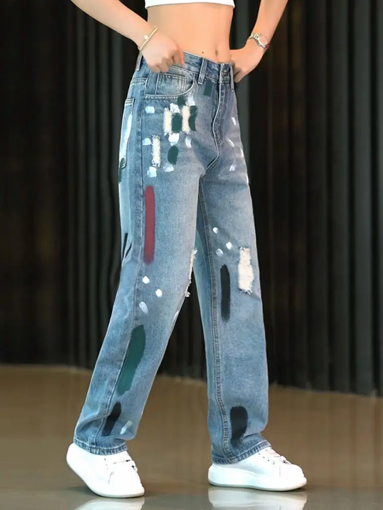 2024 فيتي هول الدينيم الجينز الرجال مستقيم فضفاض Haome بنطال ذو قصة أرجل واسعة الأمريكية الرجعية اللون Colion الطابق طول السراويل #2