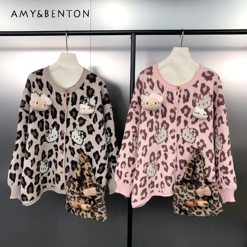 Style coréen rétro léopard Jacquard élégant tricots couleur-bloc col rond jeune pull ample Cardigan avec sac pour les femmes