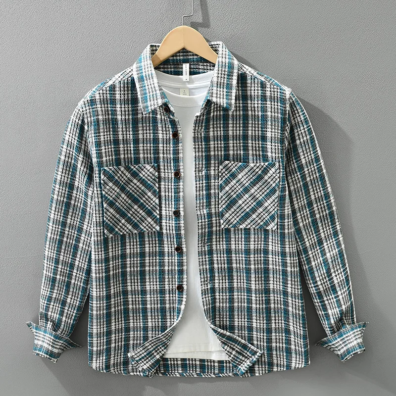 

2026, весна-осень-зима, новая модная клетчатая свободная толстая рубашка с начесом для мужчин, удобные хлопковые мужские рубашки с отложным воротником