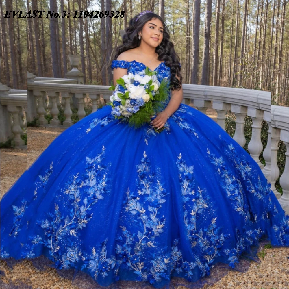 EVLAST Aangepaste Glanzend Koningsblauw Quinceanera Jurk Baljurk Kant Applique Kralen Corset Sweet 16 Vestido De 15 Anos E3Q347