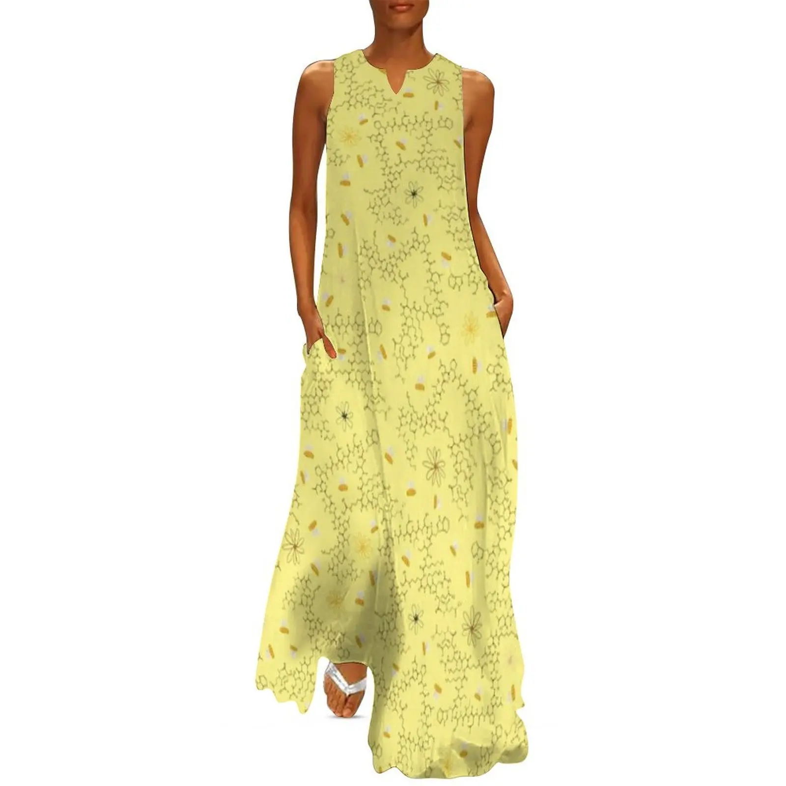

Cute Bees, Flowers, and Melittin Molecules in Watercolor On Bright Yellow Long Dress sexy dress women formal occasion dresses