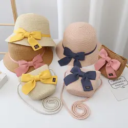 Girls Straw Hat Shoulder Bags Outdoor Beach Hat Cute Bow Summer Party Kid Straw Hat Casual Kids Sunshade Hat & Bag