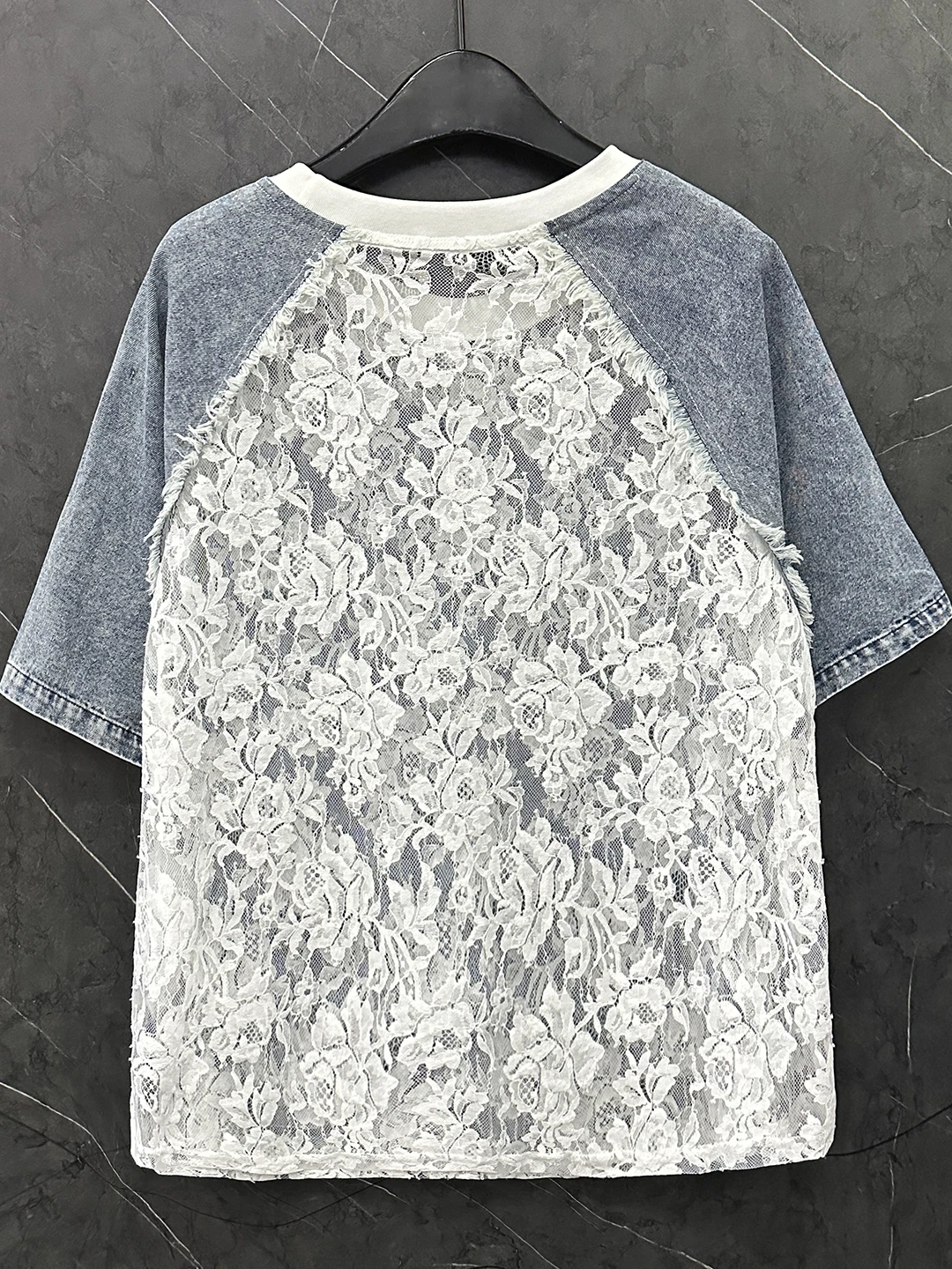 

Summer New Cartoon Cat Hollow Denim Lace Splicing Short-sleeved T-shirt Women's Loose Casual Fashion Round Neck T-shirt Top