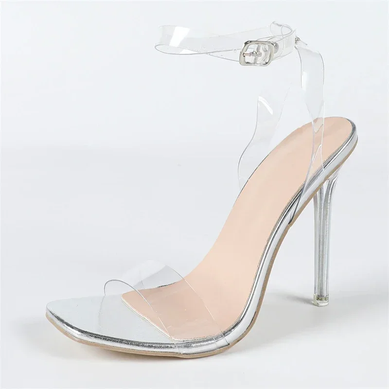 

Women's Clear Transparent PVC Single Strap Square Open Toe Ankle Buckle Stiletto Heel Sandals, Party Footwear, Drop Shipping
