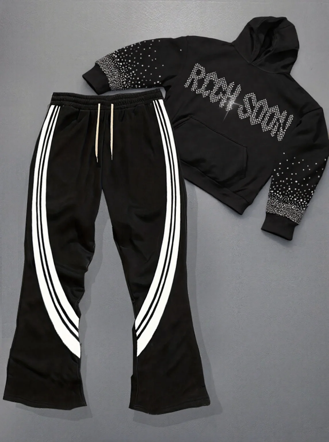 

Men's Trendy Fashion Rhinestone Letter Hoodie Set with Side Stripe Pants Two-Piece Set