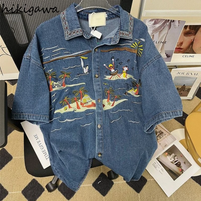

Streetwear BF Shirts Women's Clothing Oversized Tops Vintage Summer Blouses Embroidery Denim Blouse 2025 Blusas Mujer De Moda