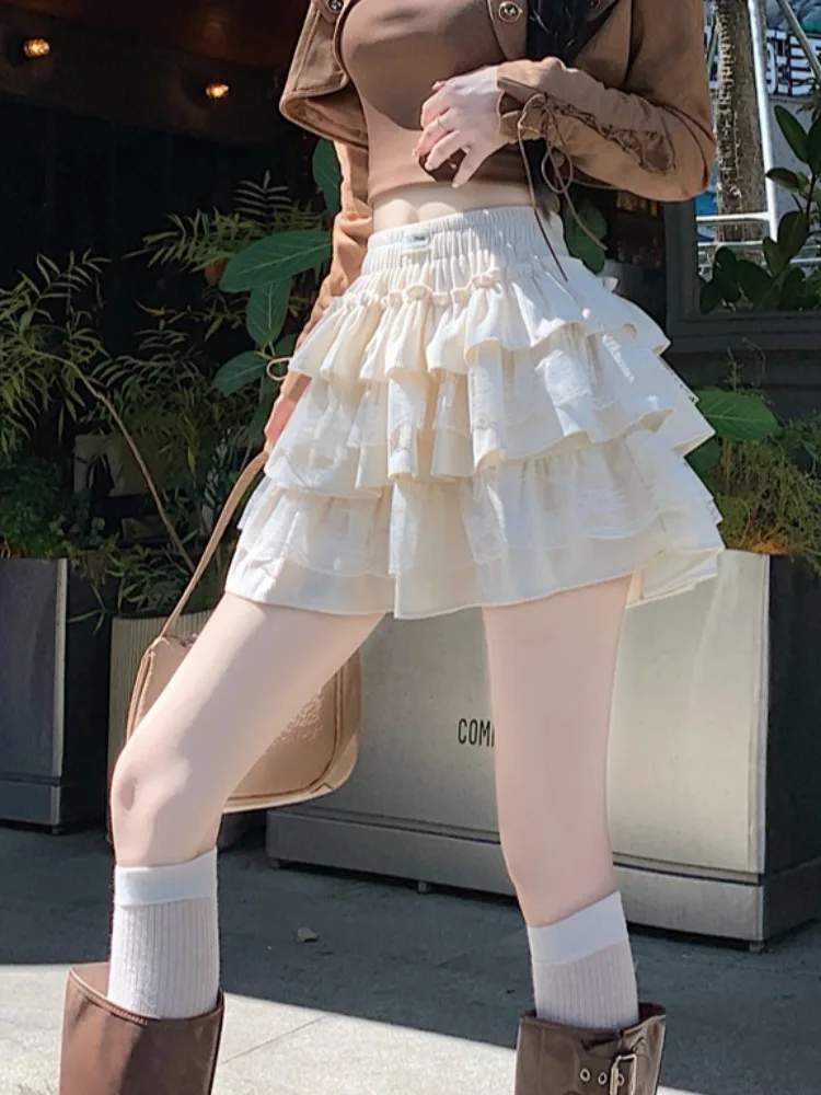 Zoete en pittige kanten rand ort rok hoge taille A-lijn gezwollen f-lengte dames Ciwalk polyestervezel elastische taille