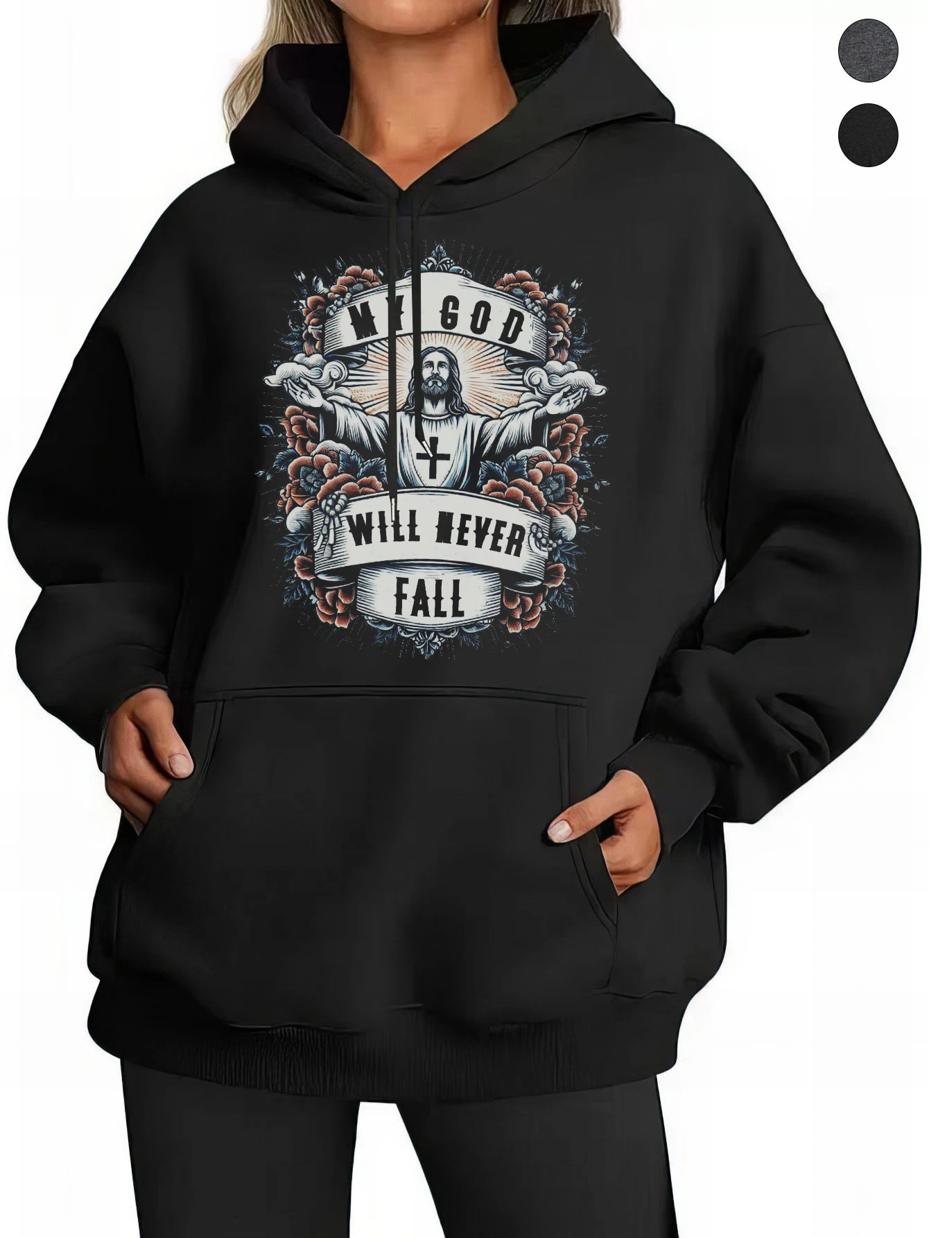 سترة بغطاء للرأس ريترو بوب لن تسقط أبدًا من My God للنساء باللون الأسود والرمادي وفضفاضة من القطن لراحة الرياضة في الخريف/الشتاء