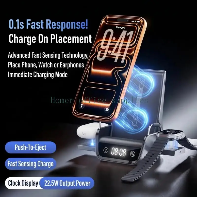K43B Wireless with Clock for Phone Watch Ear Buds, 4 in 1 Desk Charging Stand with Side Pad and Upright Holder for Home Office