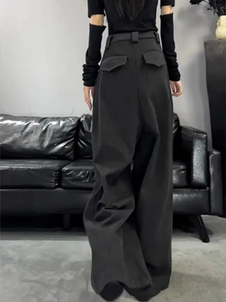 Damskie spodnie z szerokimi nogawkami, ocieplane, z wysokim stanem, o prostym kroju, do ziemi, codzienne, w stylu koreańskim, do pracy.