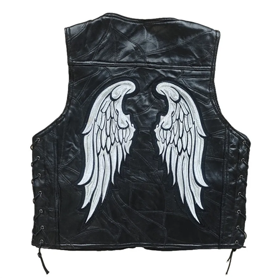 Men Motorcycle Genuine Leather Vests Angle's Wings Embroidered Waistcoat Lace-up Biker Sleeveless Jackets Cosplay Costume