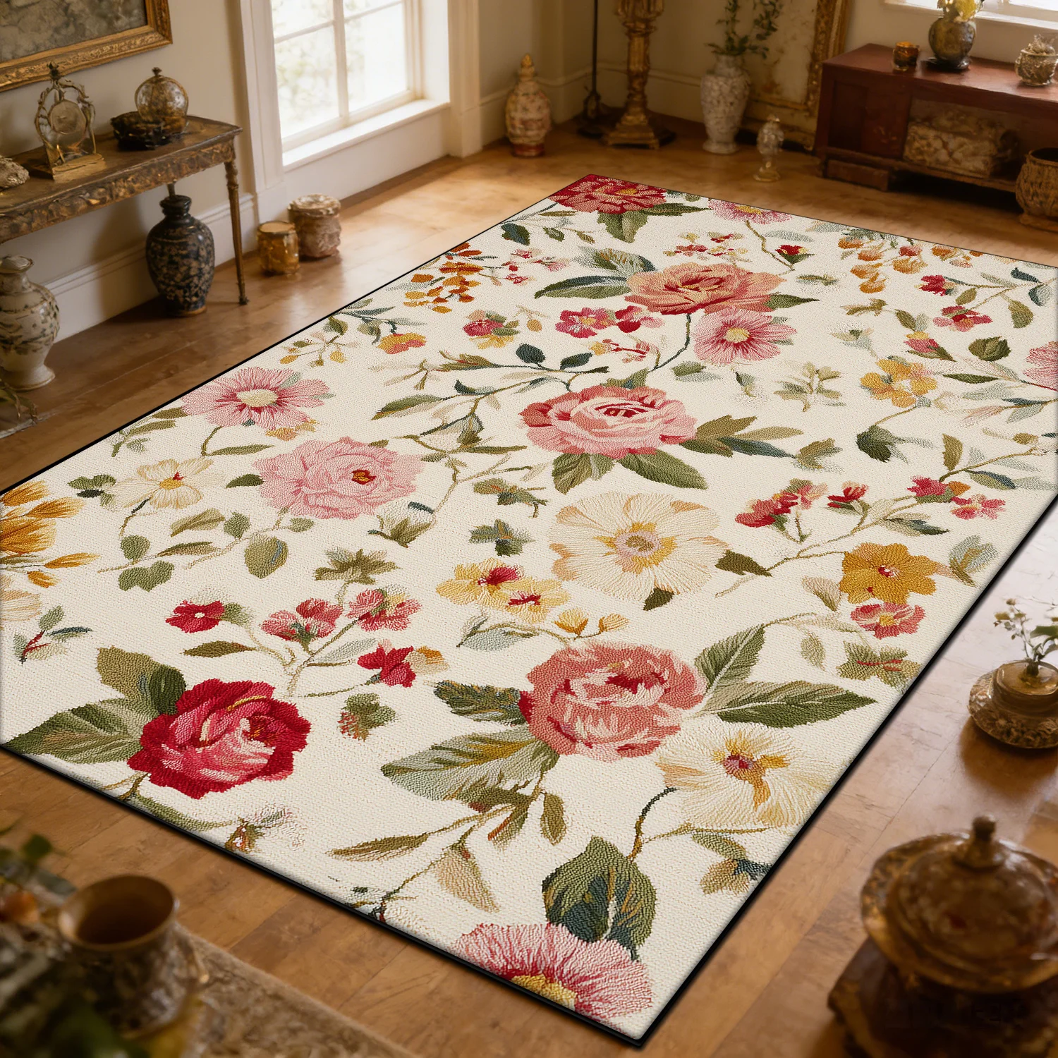 European Retro Style Flower Pattern Parlor Carpet Non-slip Machine Washable Decoration Bedroom Rug Cloakroom Soft Fluffy Mat