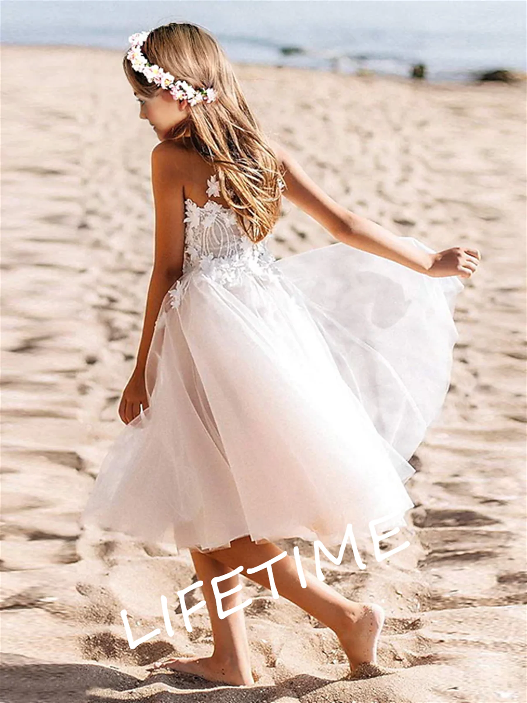 Off The Shoulder Scoop White/Ivory Flower Girl Dresses For Wedding 2022 Elegant Tulle Lace Appliques Beach Party Dress With Kids