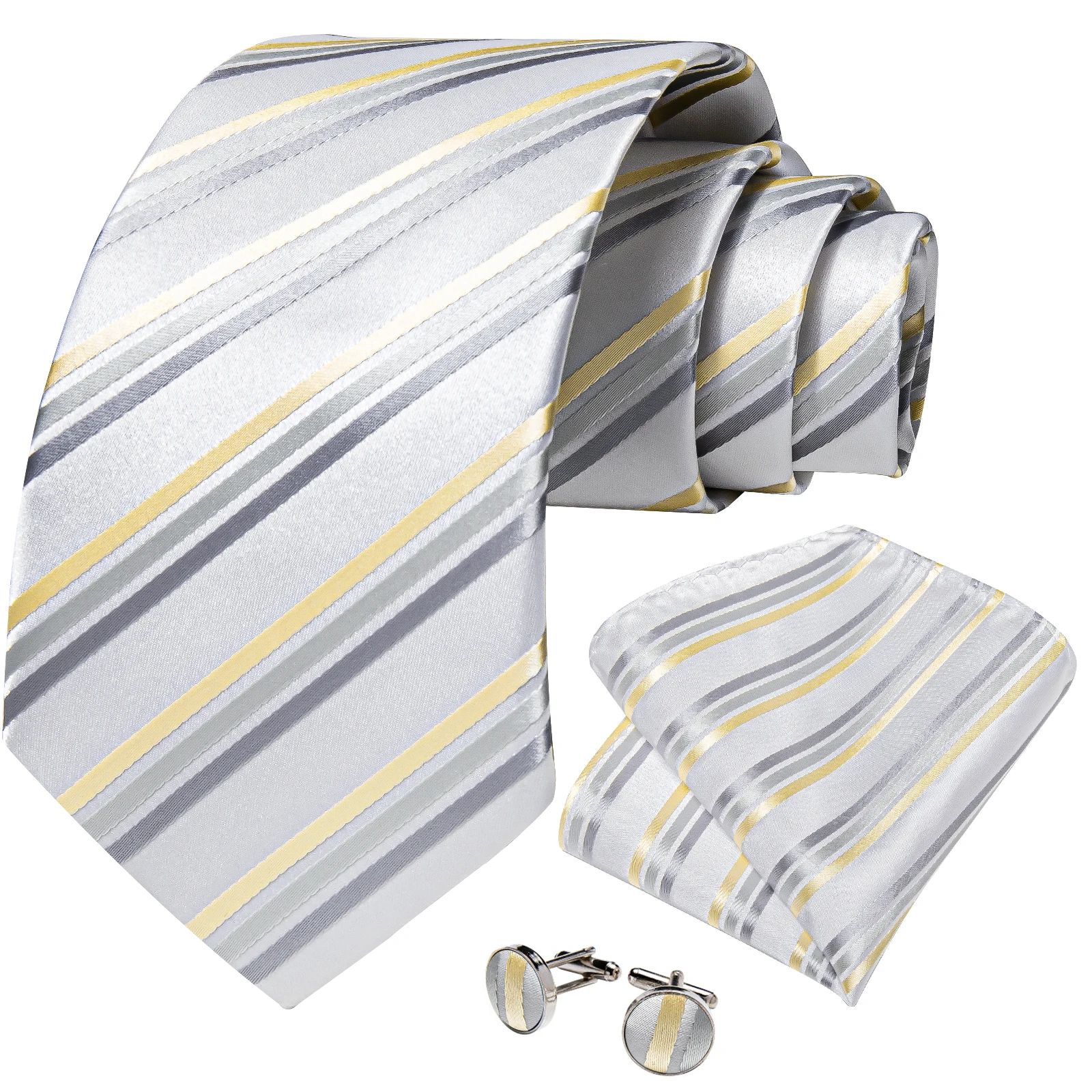 Striped Formal Tie Set 3Pcs Mens Handkerchief Cufflinks for Wedding Party Business Groomsmen Banquet Office