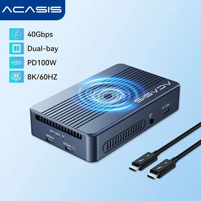 Acasis 40Gbps Dual-bay USB-C Thunderbolt SSD Case Docking Station M.2 NVME Raid Mode SSD Enclosure  HDMI 4K 60HZ PD100W Hub