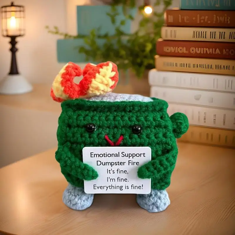 Funny Crochet Positive Energy Doll With Card Handmade Knitted Tiny Dumpster Fire Emotional Support Crochet Toy for home decor