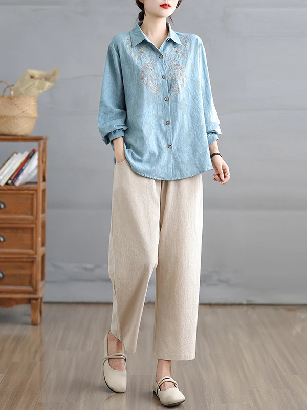 자수 장식이 있는 엘리 코튼 린넨 투피스 세트와 플러스 사이즈 여성용 신축성 있는 허리 캐주얼 하란 팬츠
