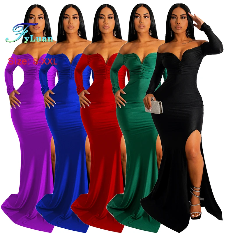 高品質レッドレディースロングドレスラップバスト長袖オフショルダーレディースフィッシュテールドレスセクシーウェディングパーティー誕生日ガウン