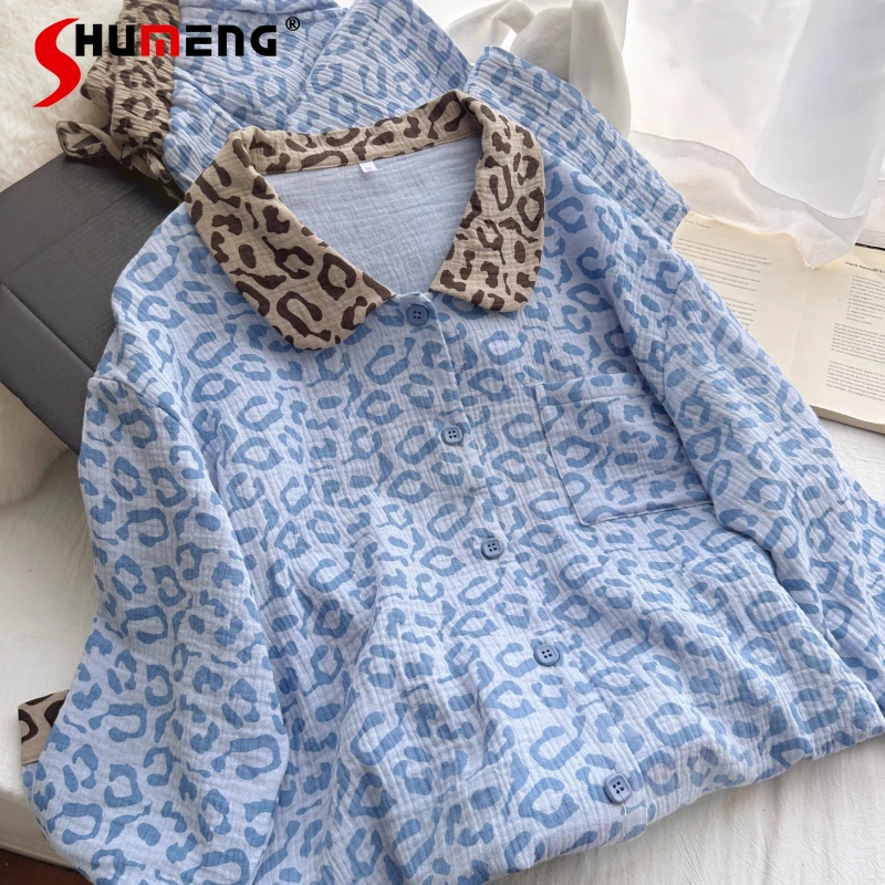 الفتيات الراقية الأزرق ليوبارد طباعة النوم مجموعة القطن الشاش الخريف منامة المرأة طويلة الأكمام اليابانية يمكن ارتداؤها ملابس المنزل الدعاوى