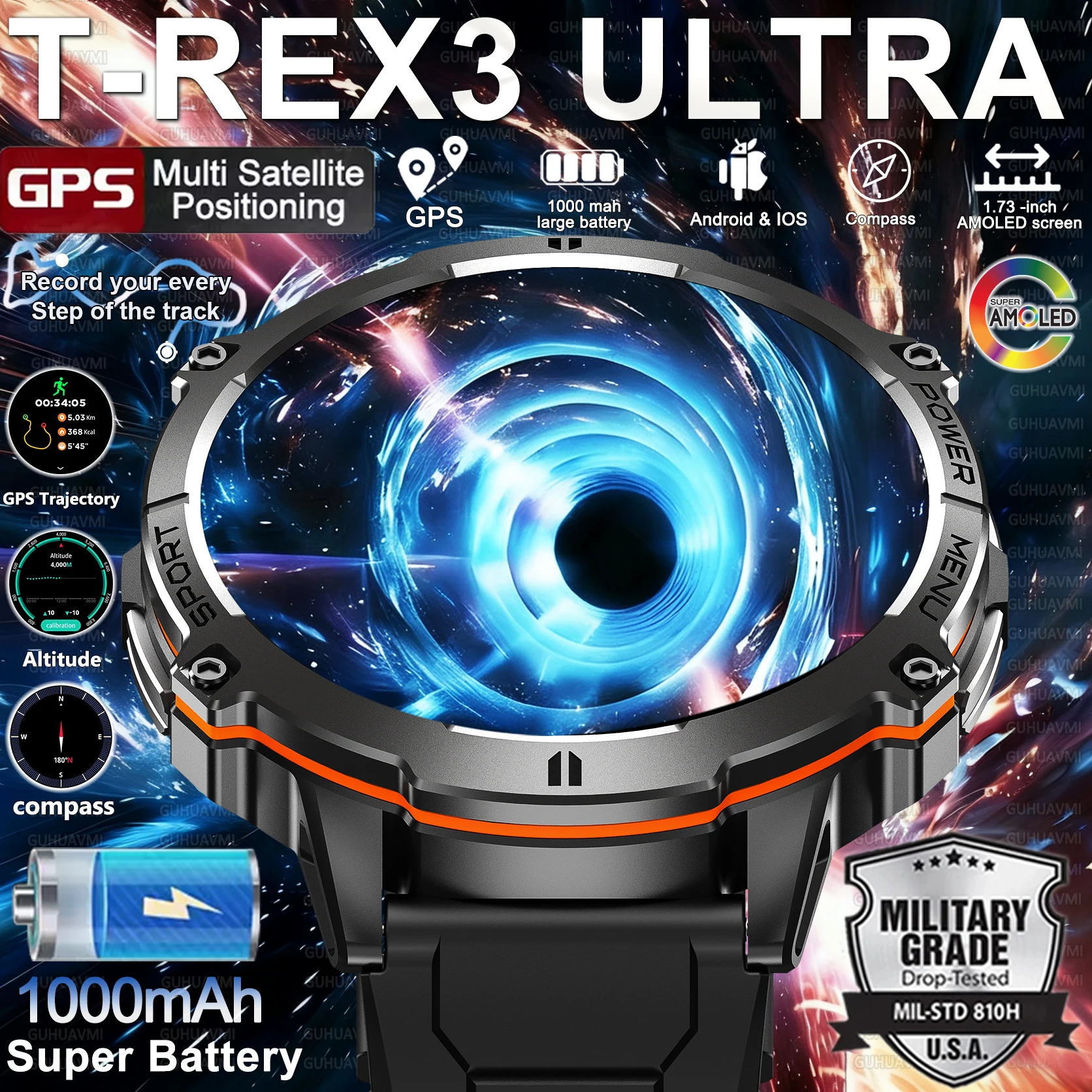 

New Outdoor Military Smart Watch Men 1.73" AMOLED IP69K 10ATM Waterproof Compass 1000mAh Super Large Battery HD Call Watches Men