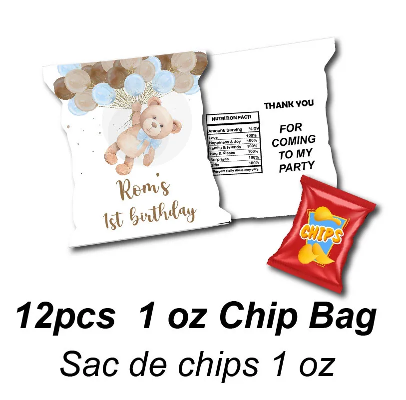Personalised Cute Bear Balloon Juice Pouch Labels Fruit Water Bottle Favor Tag Chip Bag Candy Treat Box Stickers Birthday Decor