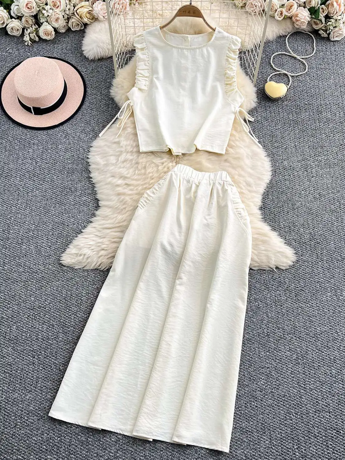 Set Gaun 2 Potong Midi Kasual Manis Elegan Atasan Crop Liburan Pantai Musim Panas Wanita Pakaian Rok Panjang Pinggang Elastis