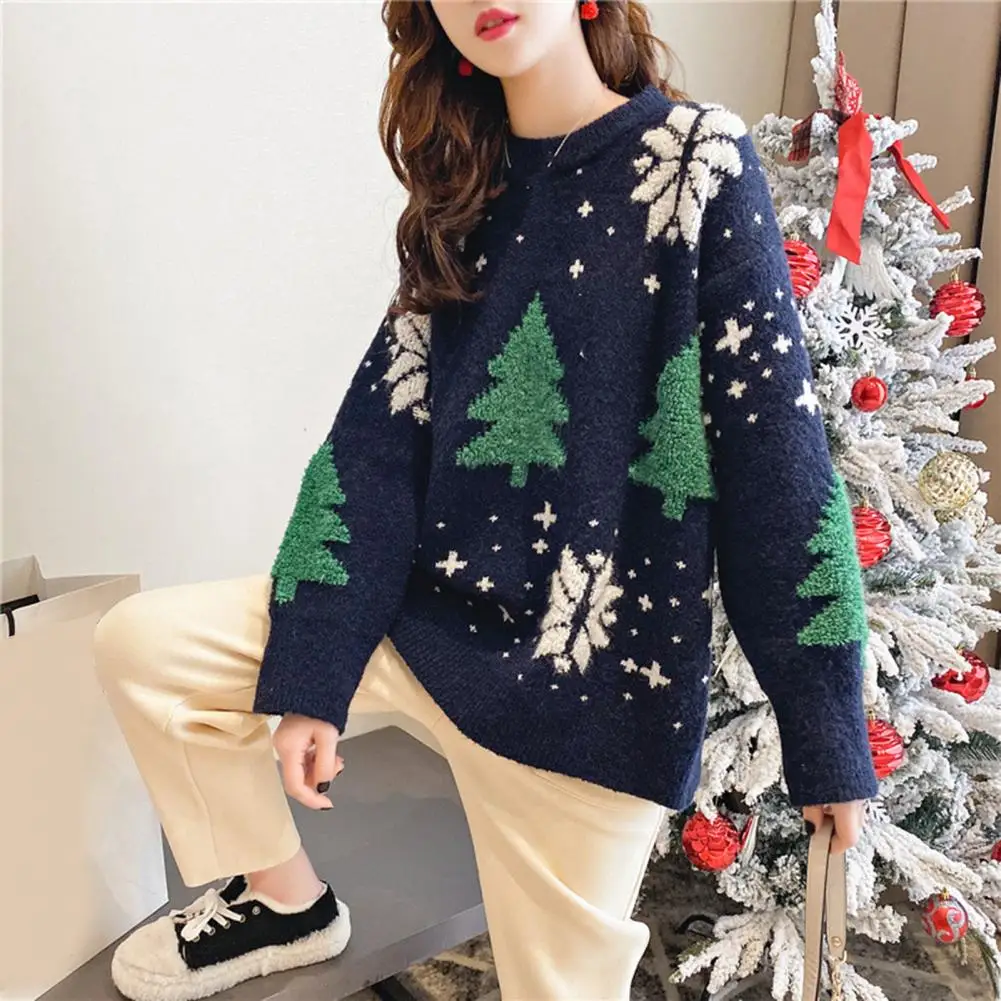 Christmas Tree Print Sweater for Women, Cozy Women\'s Knit Sweater, Thick Round Neck, Festive Tree Print, Soft Warm Pullover, New