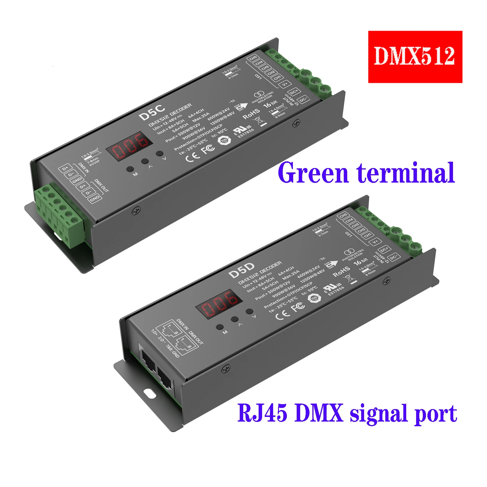 ltech-constant-voltage-5-channel-dmx-rdm-decoder-dc12-48v-dim-ct-rgb-rgbw-rgbcw-mode-optional