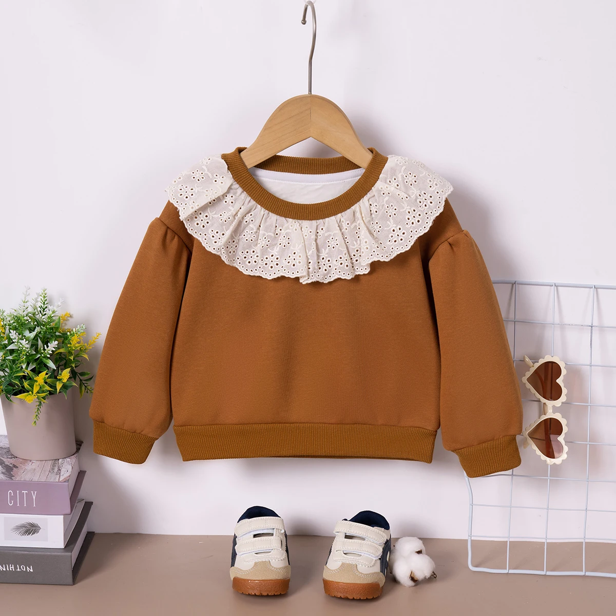 Toddler Solid Cotton Sweatshirt Cute Lace Trim Sweet Round Neck Top Autumn Daily Casual 0-5Y