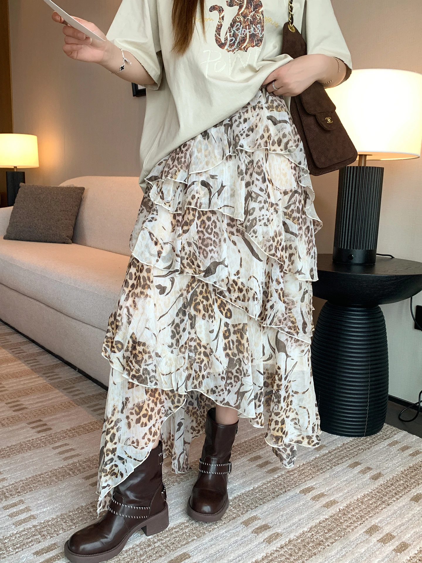 

New 330 Leopard Print Cake Skirt Asymmetrical Hemline Bell Sleeve Women's High Waist Loose Fit Polyester Fiber Skirts