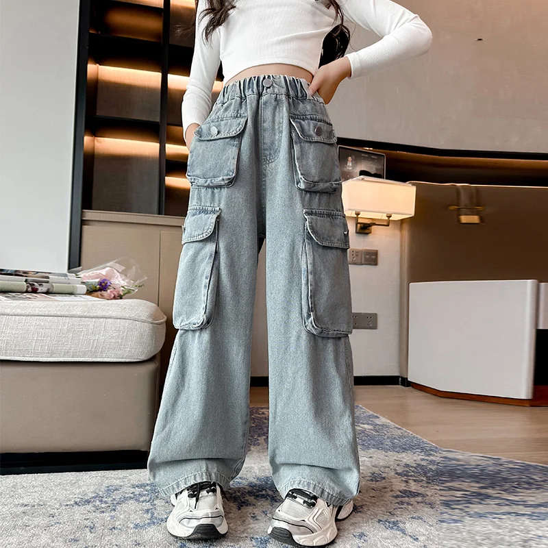 طفل الصناعات الثقيلة الضوء الأزرق مستقيم البضائع الجينز مع جيوب متعددة لفتاة التوأم الرجعية الدنيم السراويل الاطفال عارضة السراويل #2