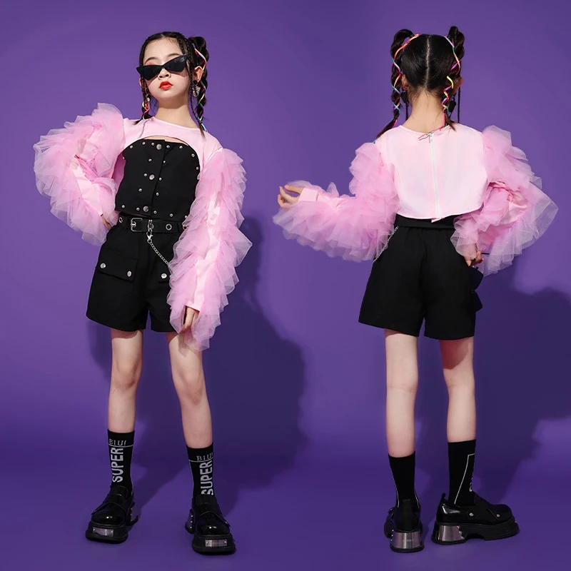 Kpop Stage Outfit Girls Jazz Hip Hop Dance Clothing Kid Model Fashion Performance Suit Children Black Tops Shorts Streetwear 240