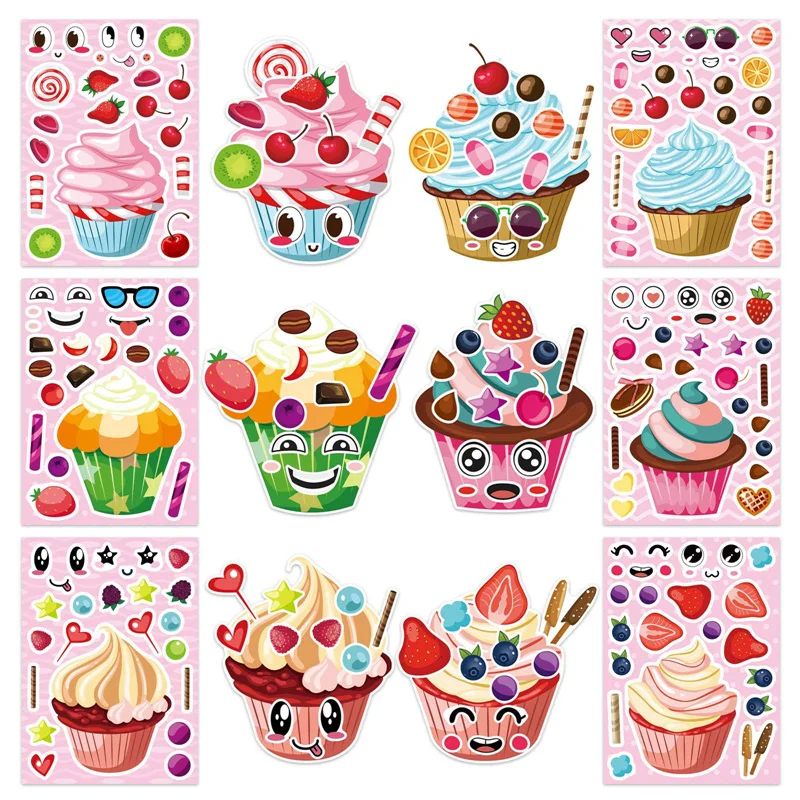 Kids DIY Make Your Own Cupcake Stickers Puzzle Jigsaw Mix and Match Dessert Stickers Decorating Decals Boys Girls Birthday Gifts