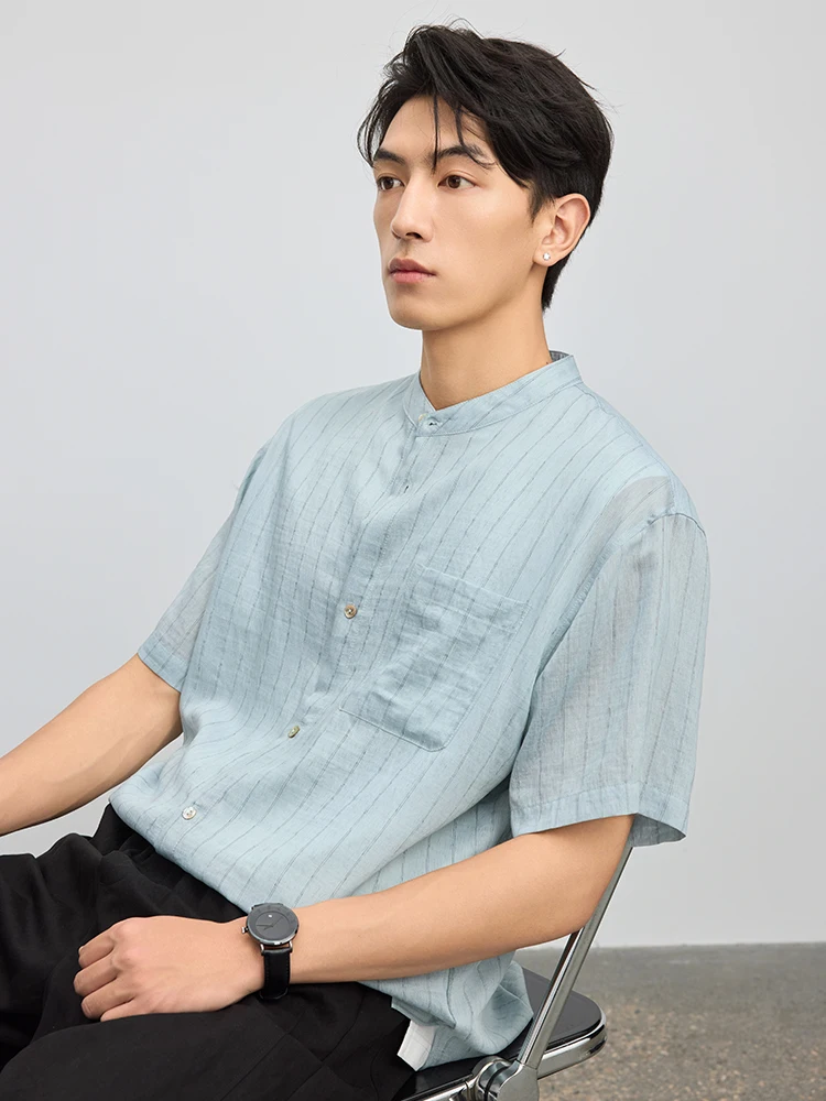 DUUKS Linen Stripe Stand Collar Men's Short Sleeve Cool Feeling Summer Thin Shirt Half Sleeve Top Fashion Urban Style Button ...