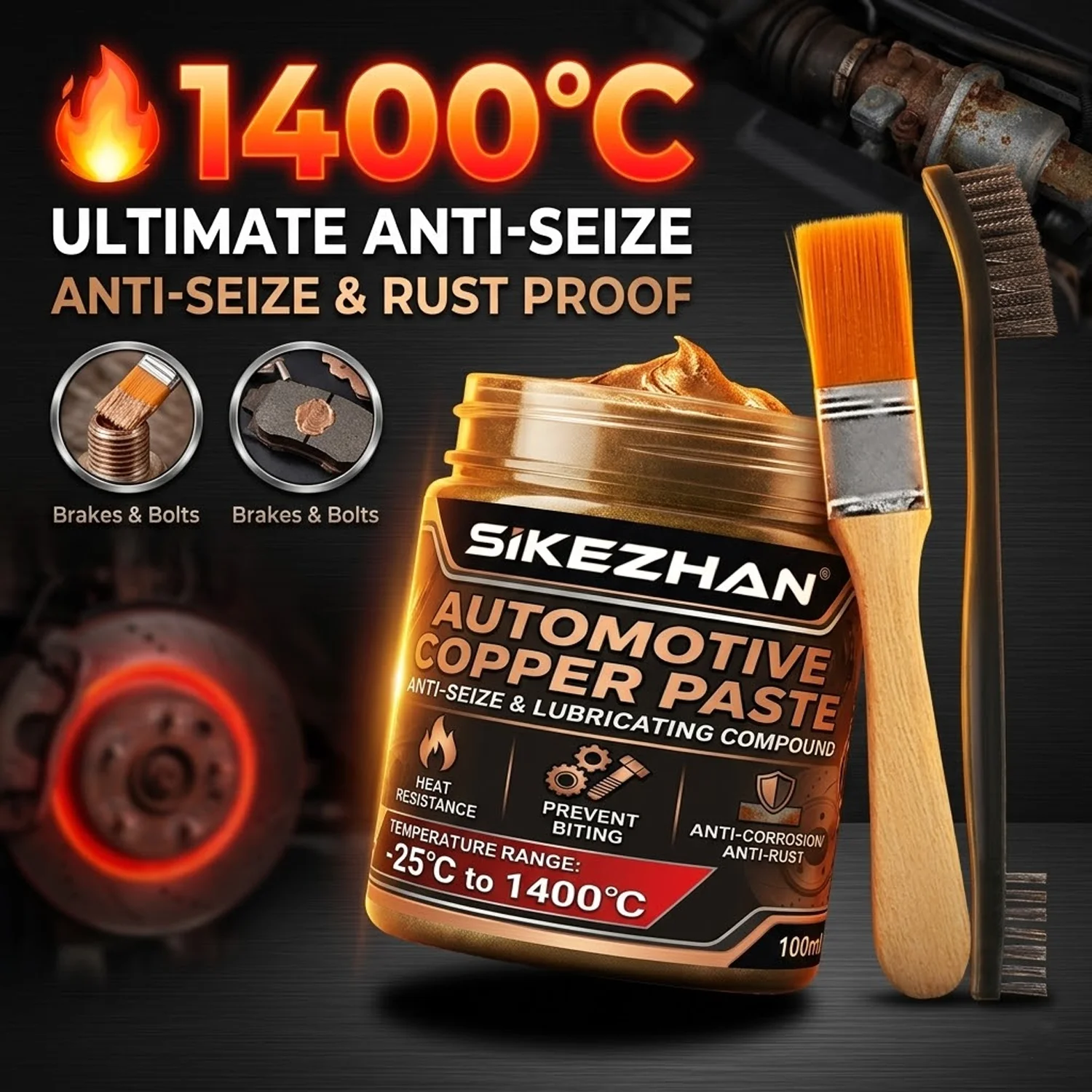 Grasa de Cobre para Altas Temperaturas SIKEZHAN 1400 ° Lubricante Antiadherente C para Frenos, Escape, Bujías y Pernos de Automóviles con Cepillos Aplicadores