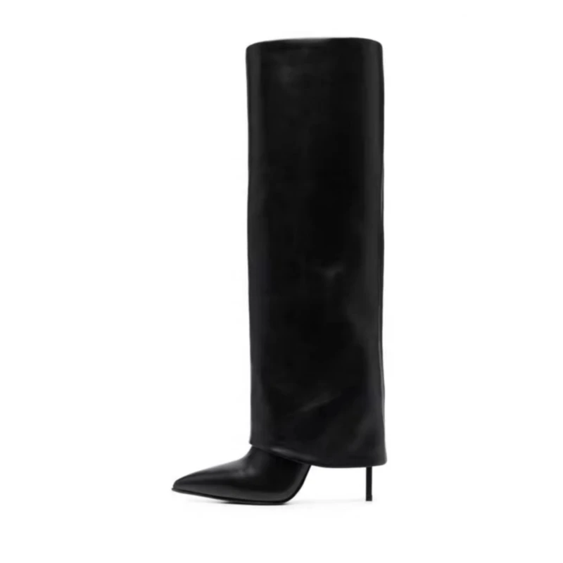 

Arden Furtado 2024Pointed toe high heel Knee High Boots black white Slip-on Turned-over Edge boots for women knee high wide calf