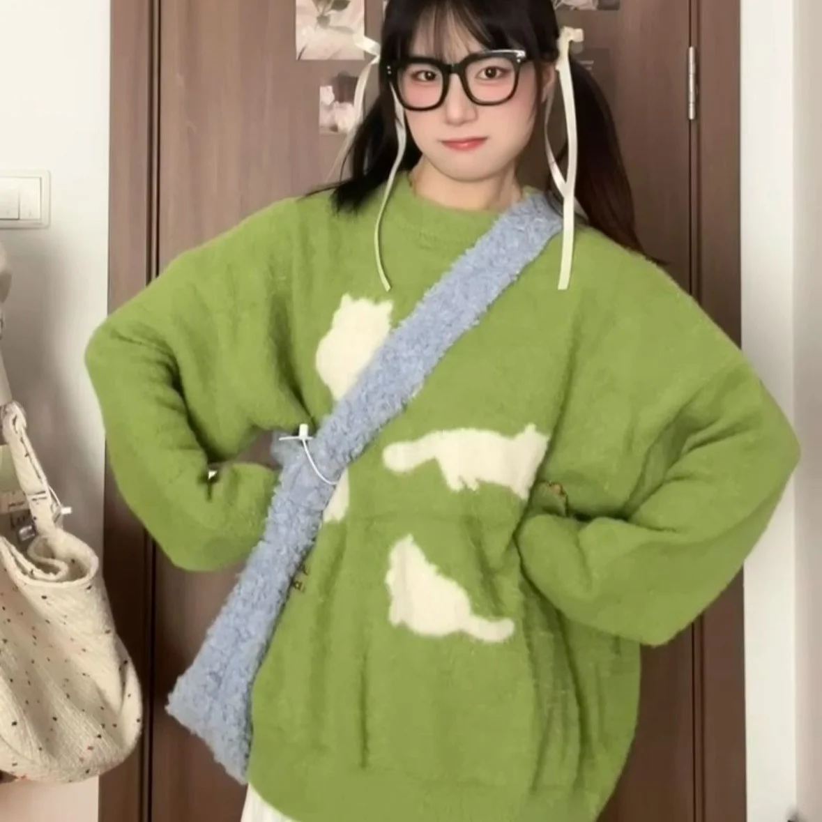 

plus Size 300 Pounds Fat MM Dopamine Green Hooded Sweater Women Winter Lazy Thick Soft Knitted Shirt Top Large Size Women's F...